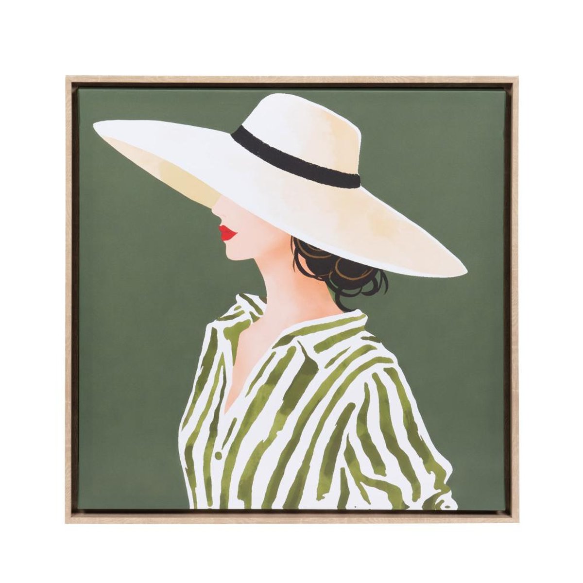 Toile imprimée femme au chapeau kaki cadre bois 60x60 cm vert, AMADEUS