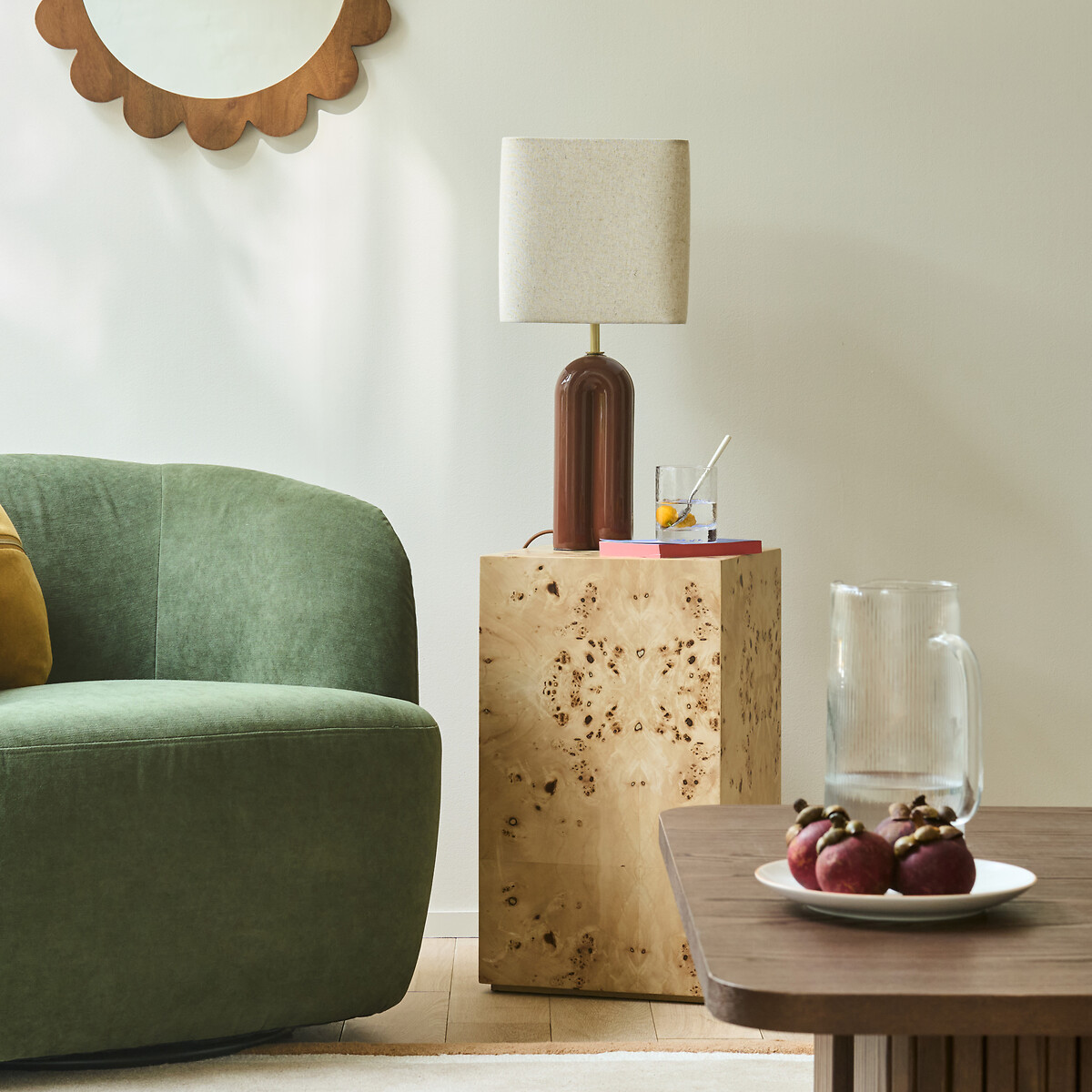 Mesa auxiliar de sofá chapada en madera de olmo, LOUPITA raíz de olmo, LA REDOUTE INTERIEURS