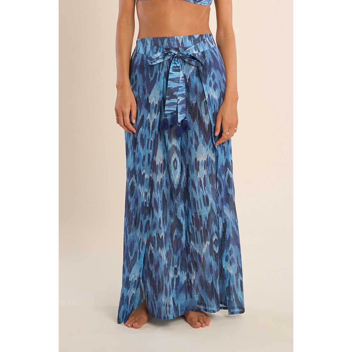 Pantalon large imprimé et ceinture à nouer blue indigo, MOLLY BRACKEN