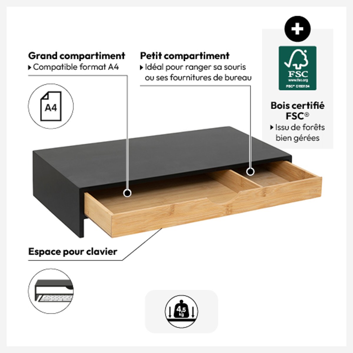 Support écran d'ordinateur avec tiroir BAVA noir, 5FIVE SIMPLY SMART