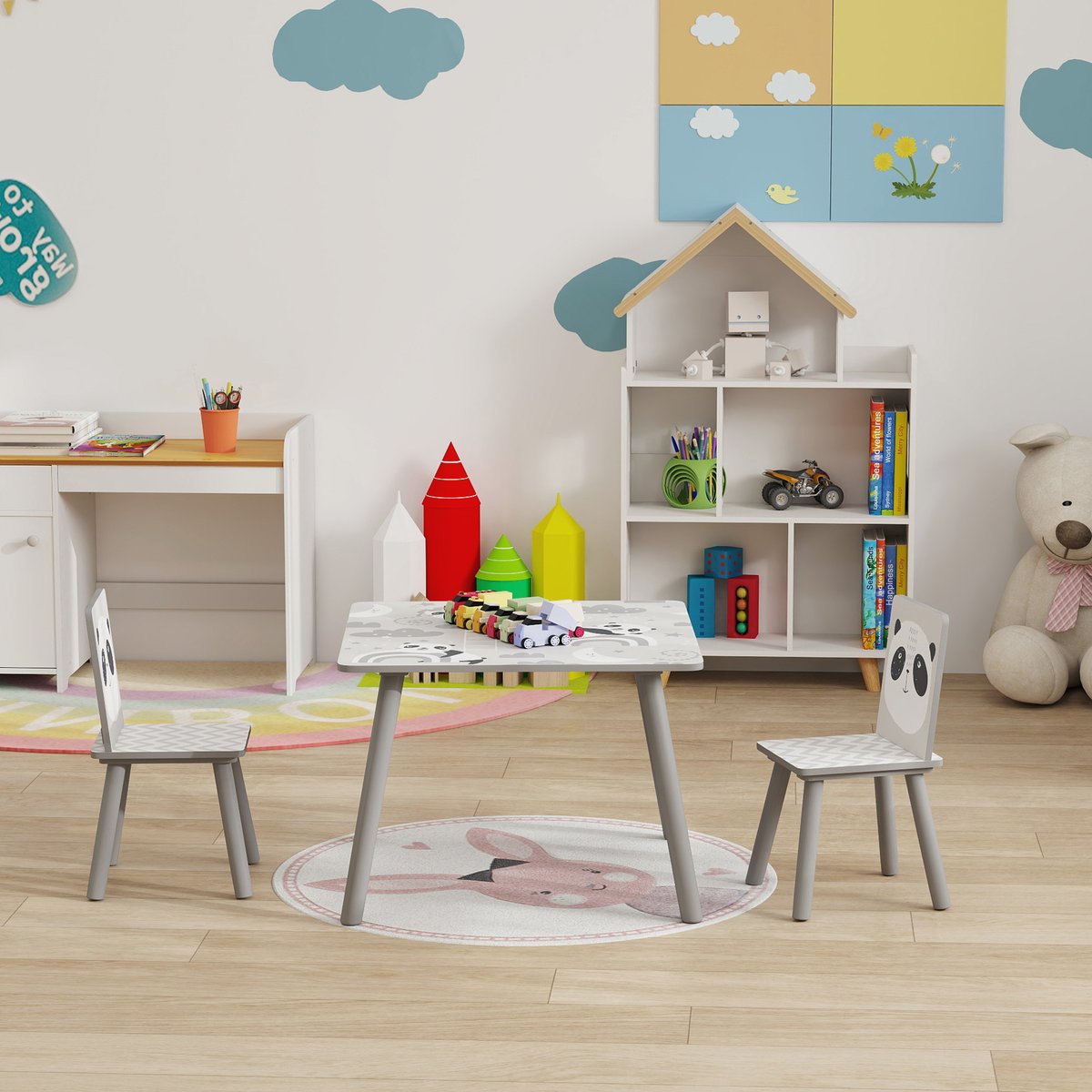 Ensemble table et chaises pour enfants MDF gris, blanc, motif panda, ZONEKIZ