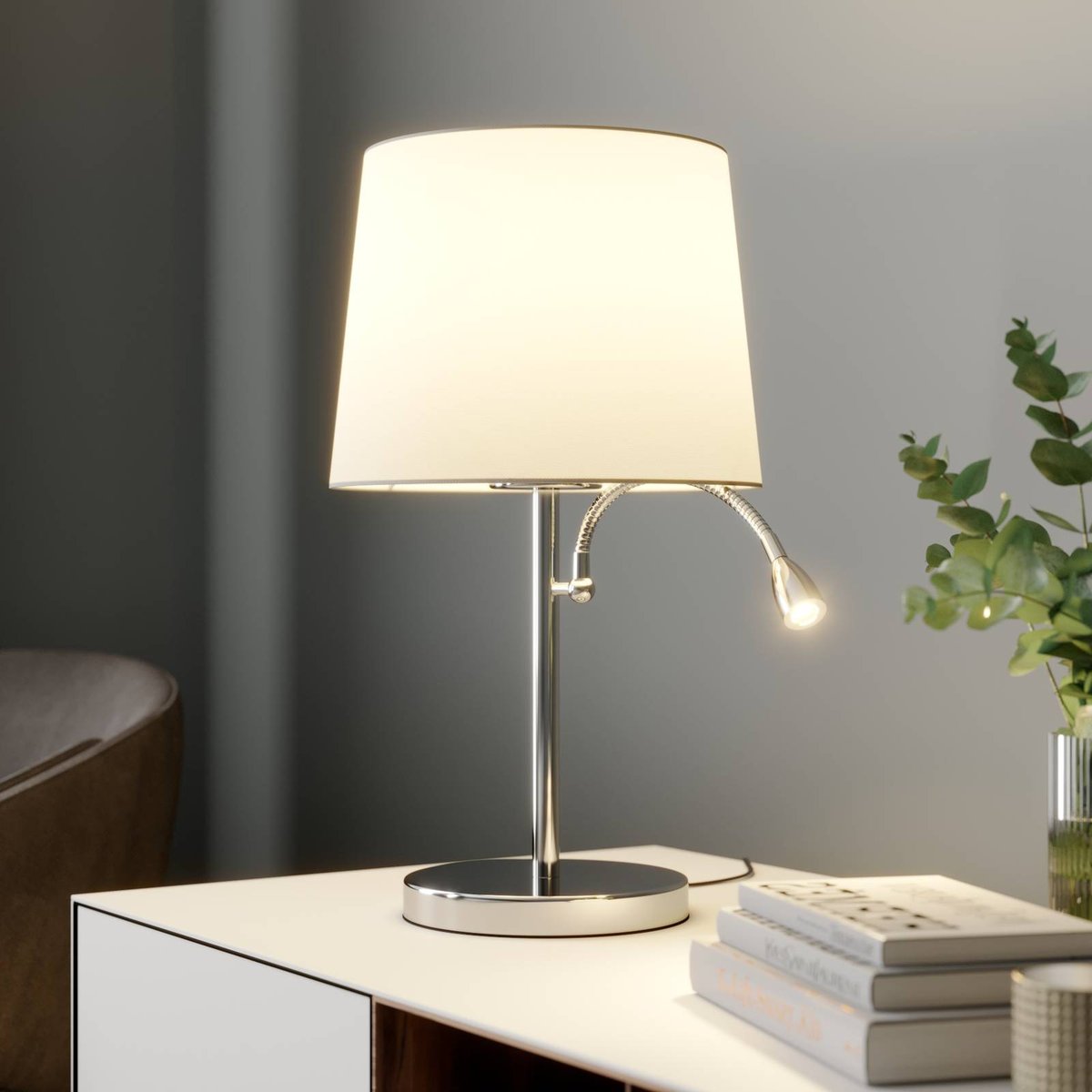 Lampe à poser en textile moderne, Benjiro blanc, chrome, LINDBY