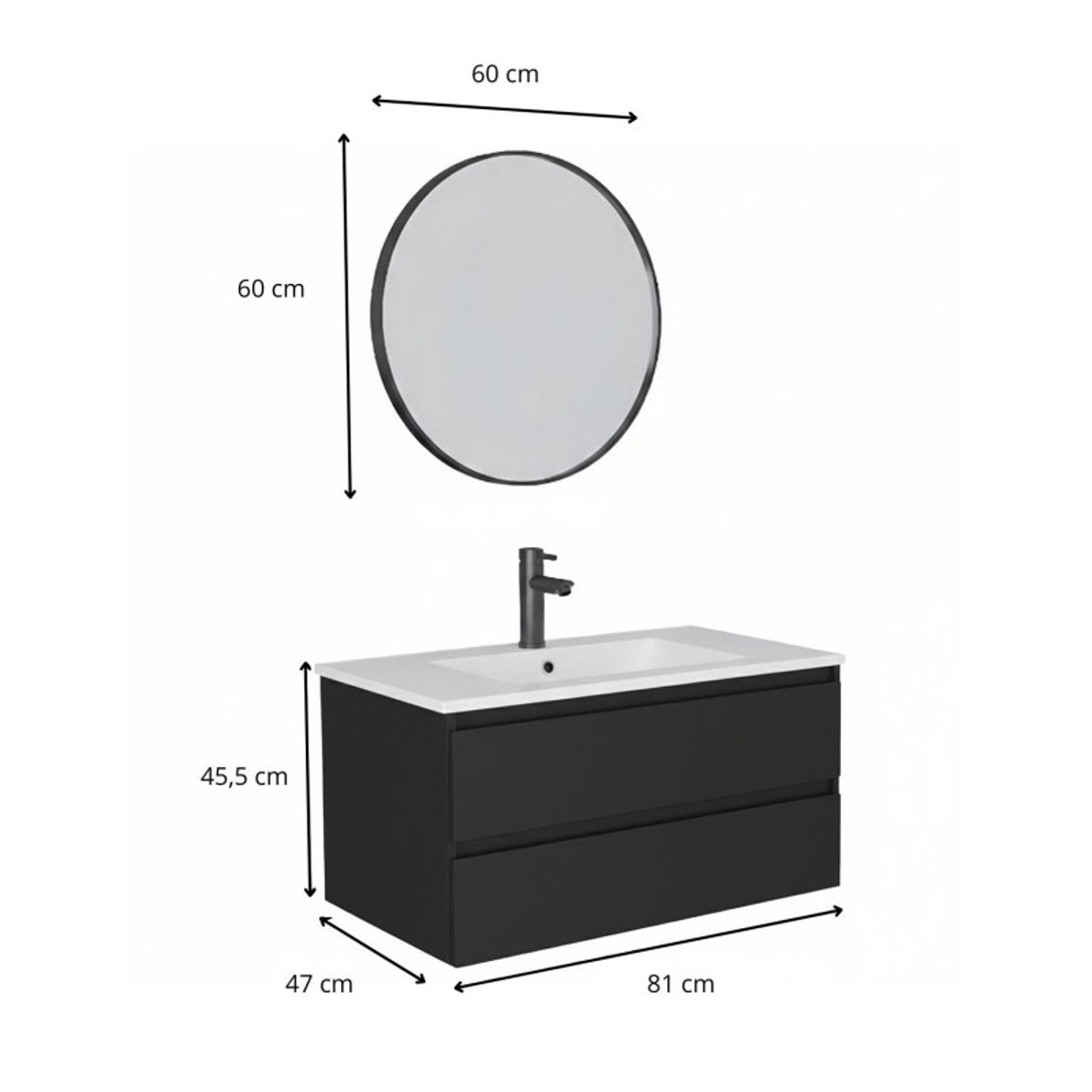 Meuble simple vasque 80cm décor chêne avec robinet et miroir SORRENTO noir satiné, MOB IN