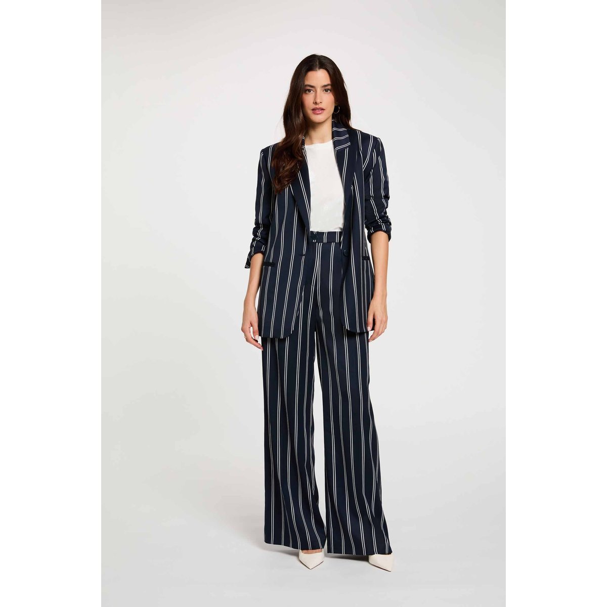 Blazer rayé col tailleur bleu marine, MORGAN