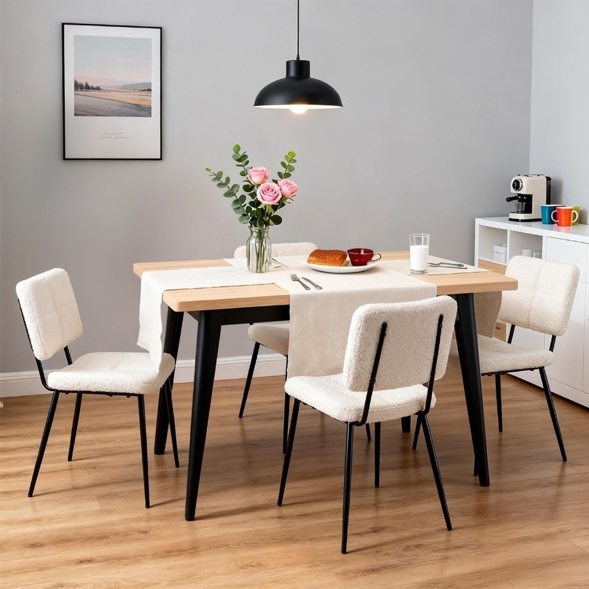 Lot de 4 chaises de salle à manger en bouclette, POMONA beige, MEUBLES COSY