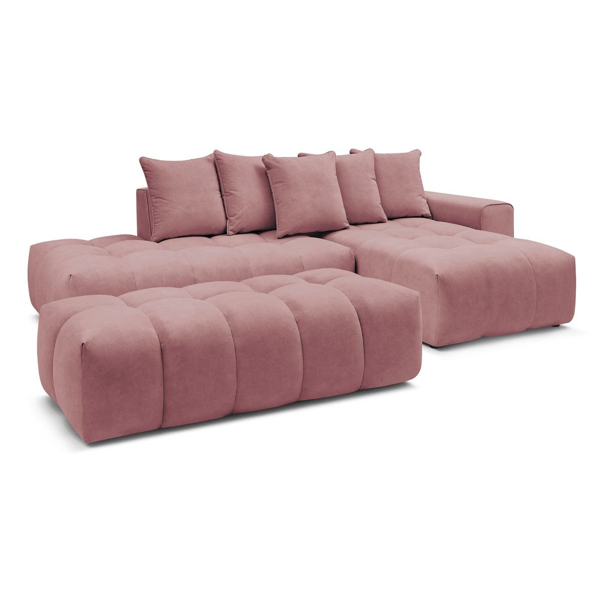 Canapé d'angle fixe 4 places en velours avec pouf, MONT-BLANC rose, BOBOCHIC