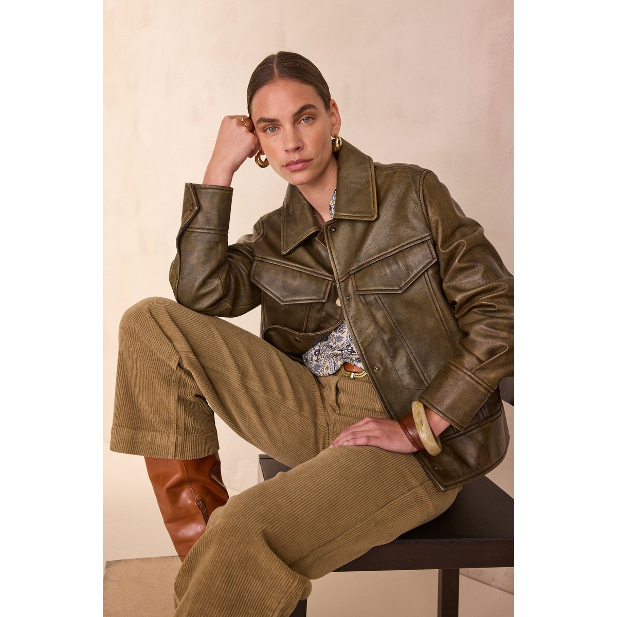 Veste en 100% cuir FIERCE kaki, Maison 123
