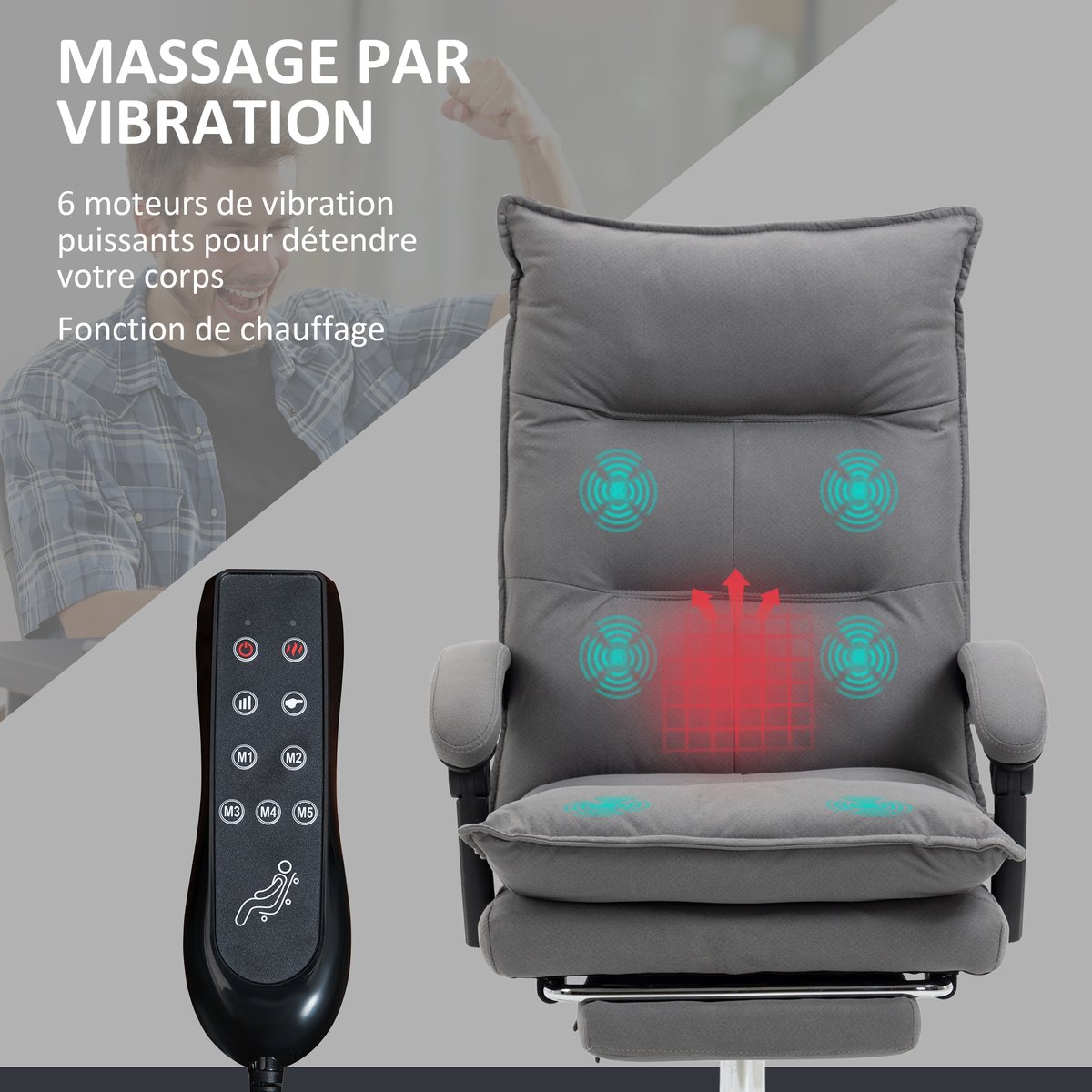 Fauteuil de bureau avec fonction massage gris, HOMCOM