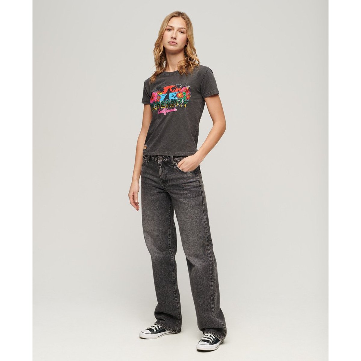 T-shirt ajusté Cali Sticker noir vintage, SUPERDRY