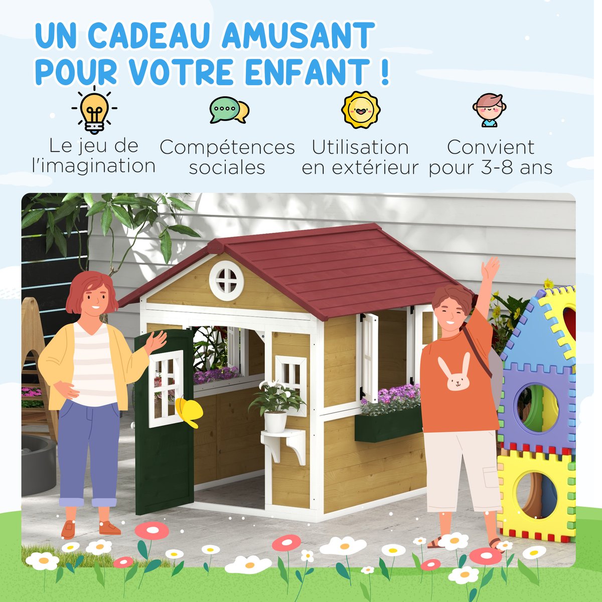 Maisonnette pour enfants Bois massif Beige beige, OUTSUNNY