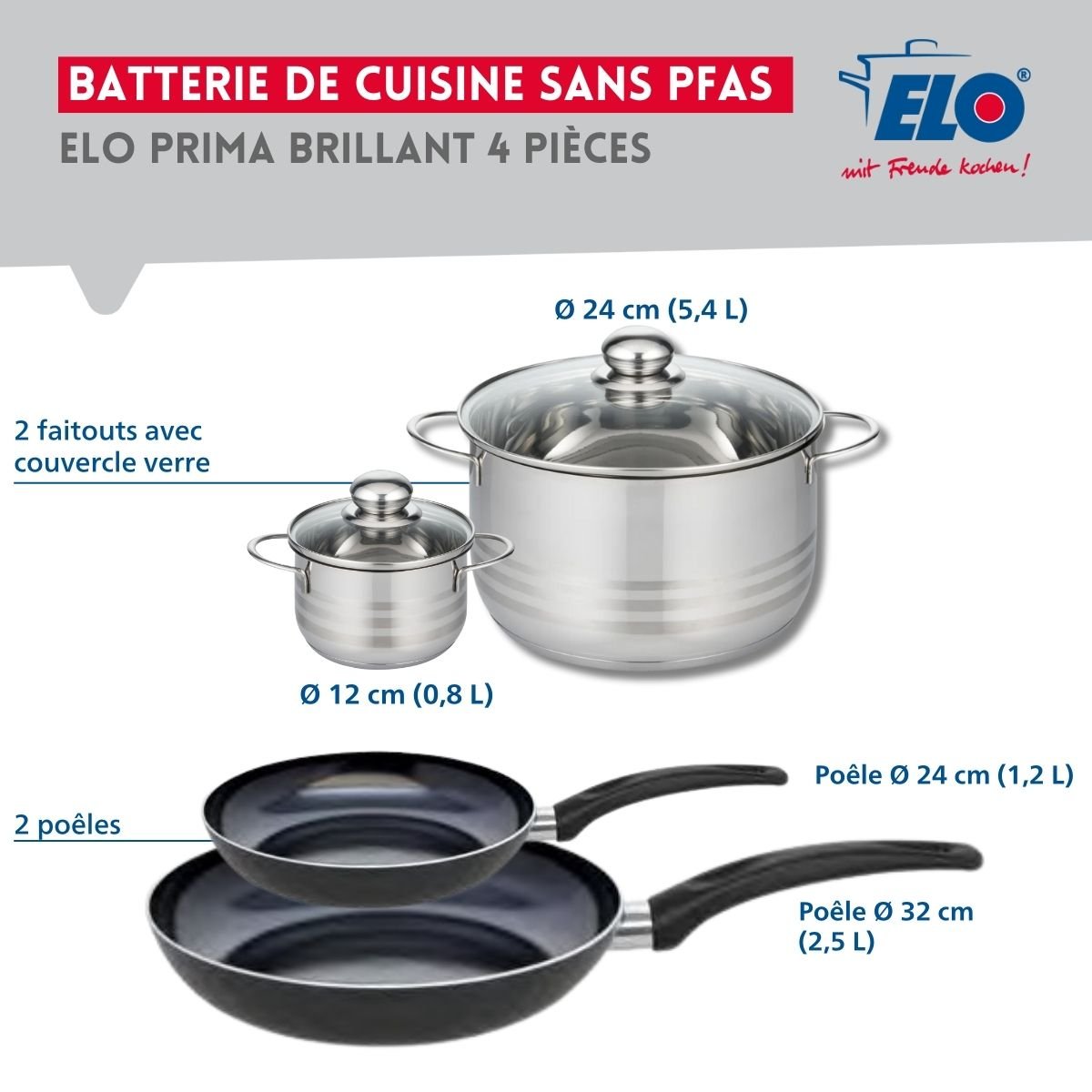 Batterie 2 poêles 24/32cm + 2 faitouts 12/24cm PRIMA BRILLANT noir, ELO