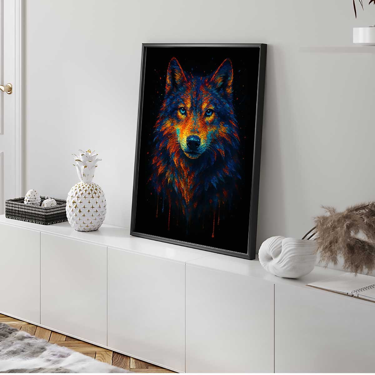 Affiche encadrée loup art multicolore affiche + cadre en métal - noir, HEXOA