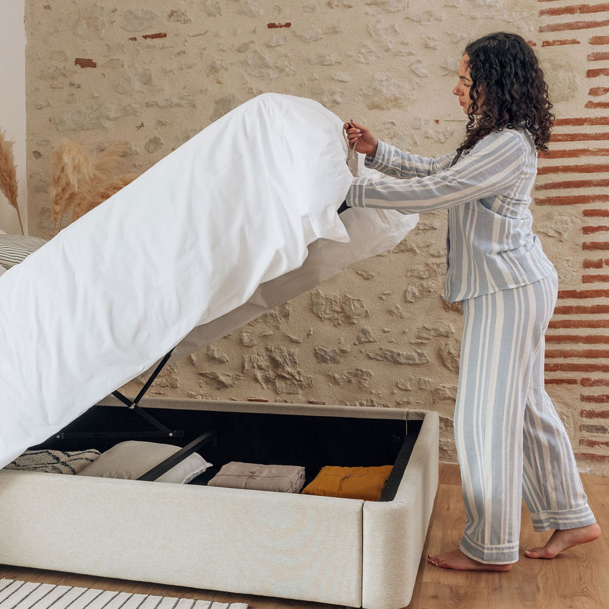 Lit Coffre tissu beige beige, SLOME