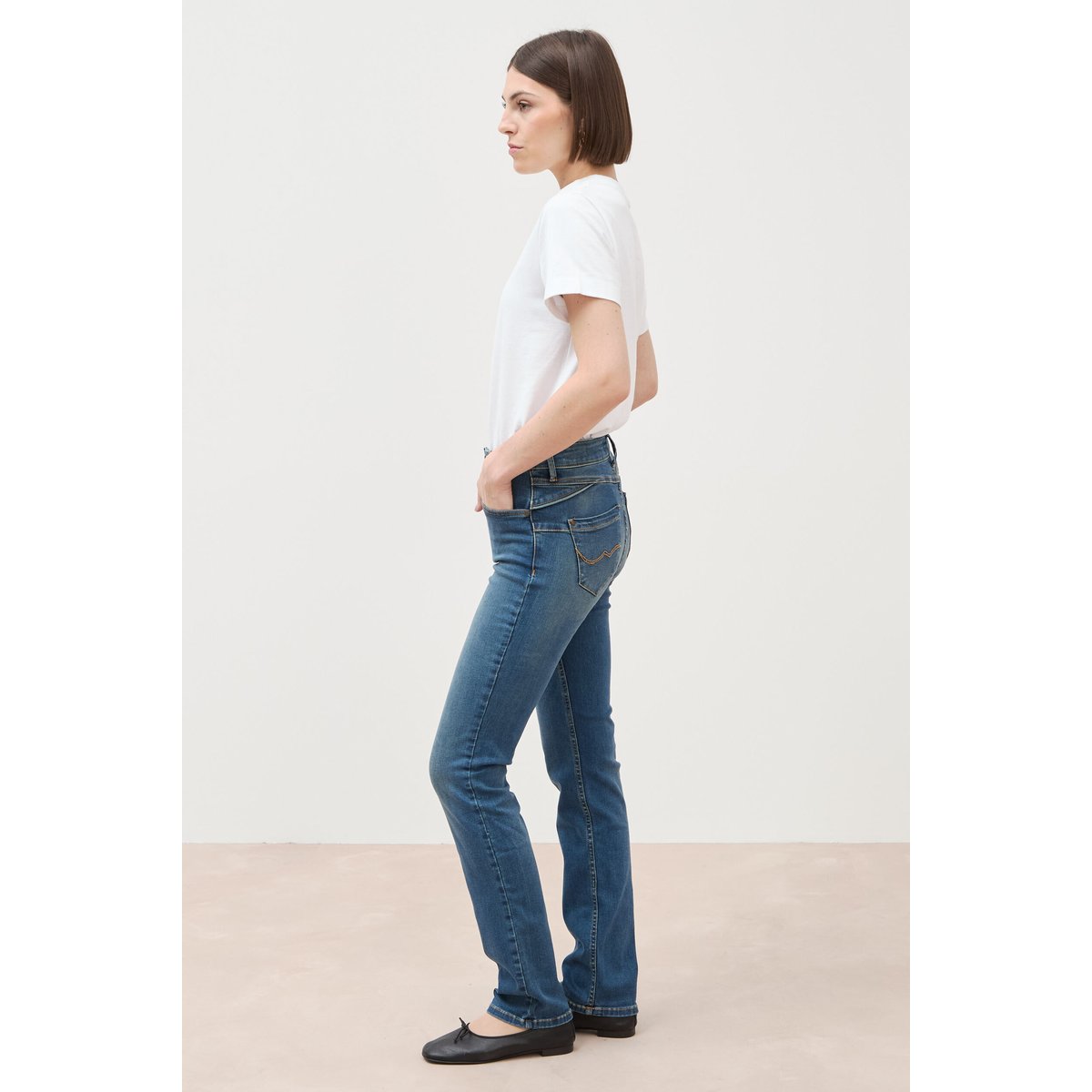 Jeans regular taille haute bleu fonce, BONOBO