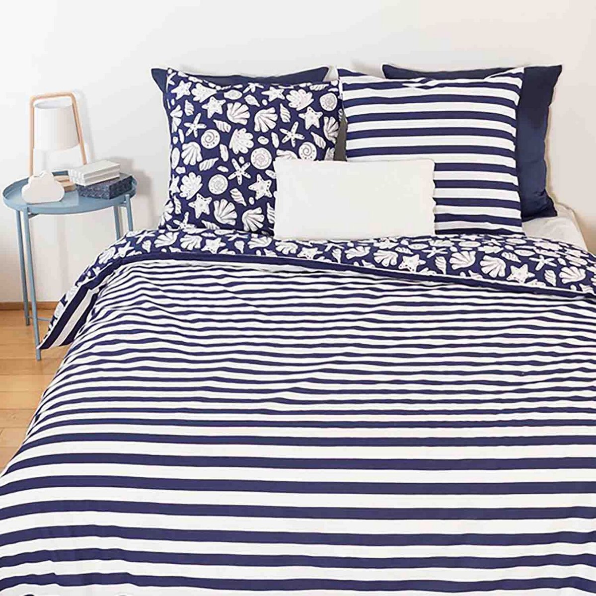 Parure de lit - housse de couette avec taies en coton bleu, EDEN
