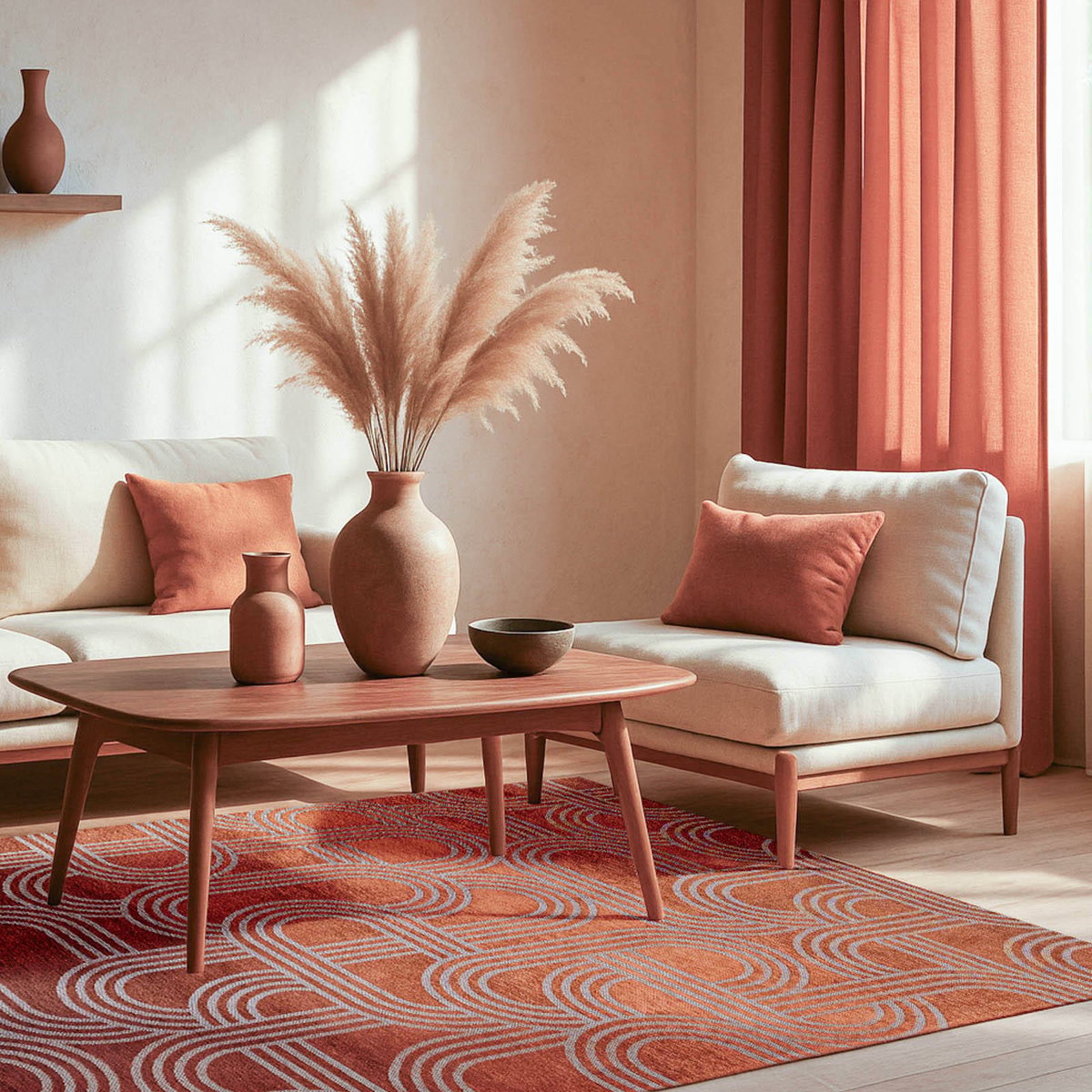 Tapis intérieur extérieur, DISCO rouge terracotta à motif gris clair, RECOLLECTION