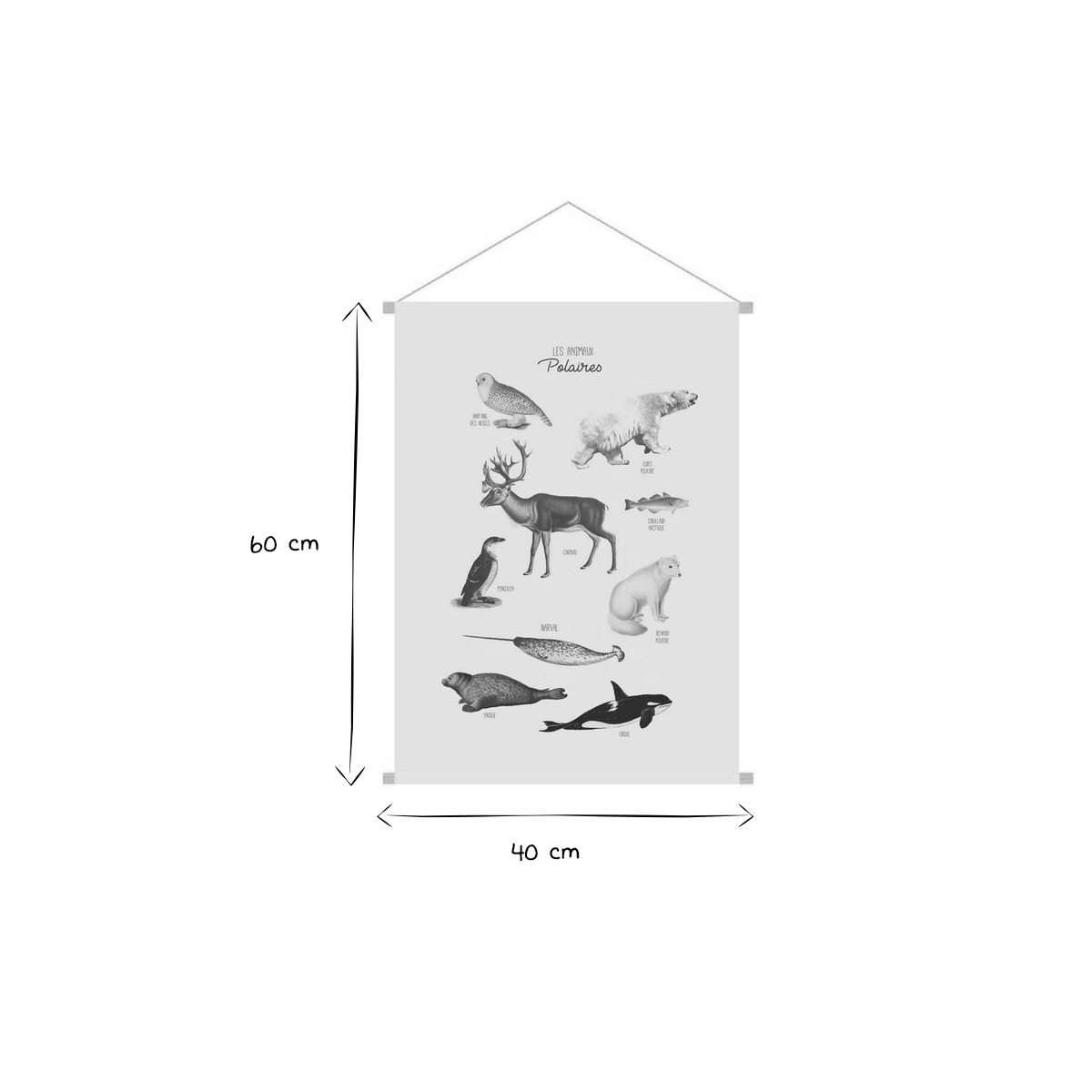 Kakemono enfant tableau en toile suspendue illustration animaux polaires L40 x H60 cm POLAR beige naturel, MILIBOO