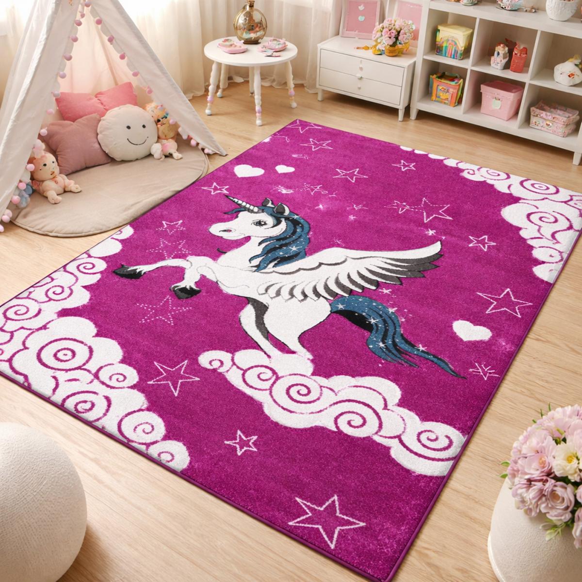 Tapis enfant tissé LYN8 LICORNE A fuchsia, UN AMOUR DE TAPIS