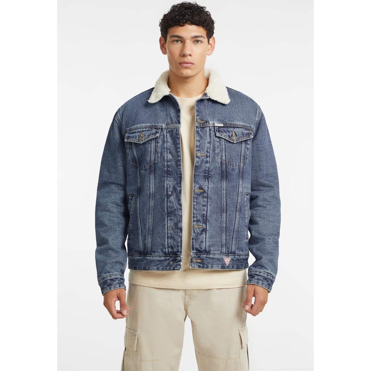 Veste Trucker Jean Col Sherpa bleu, GUESS JEANS