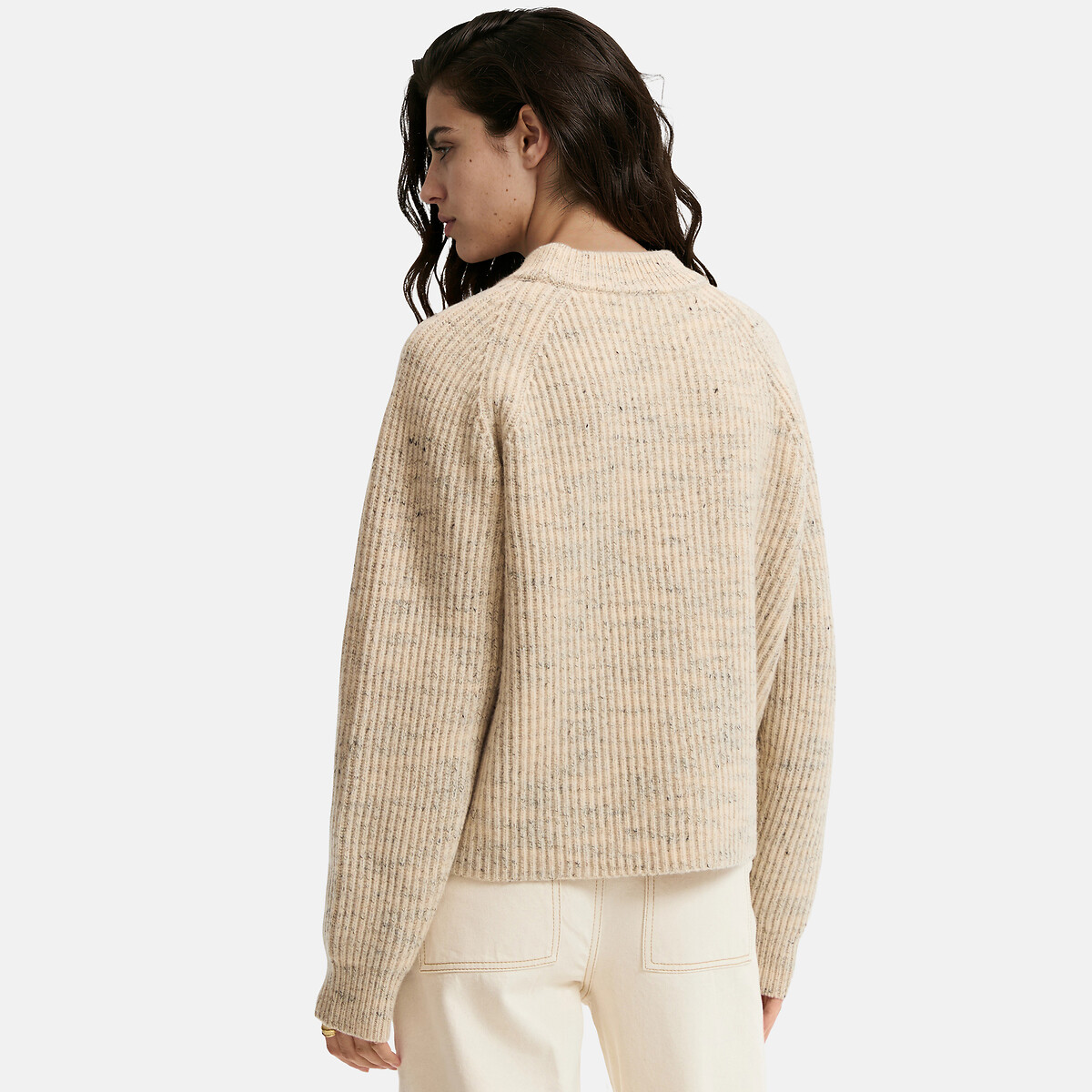 Pull col rond côtelé, en laine mélangée chinée ecru, LA REDOUTE COLLECTIONS