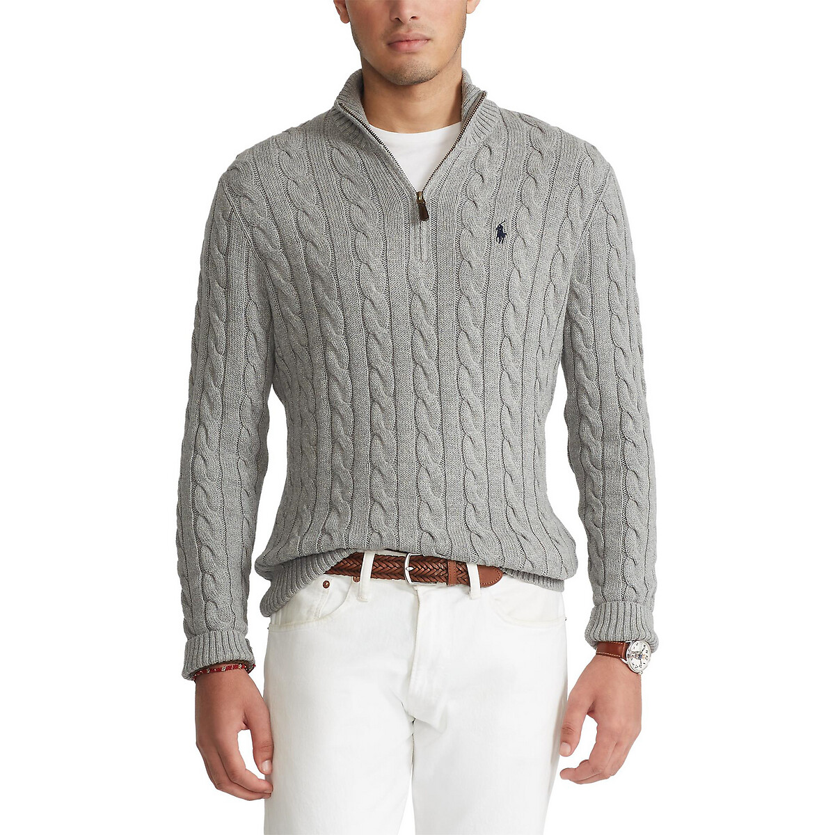 Half Zip-Up Jumper in Cable Knit Cotton grey, POLO RALPH LAUREN