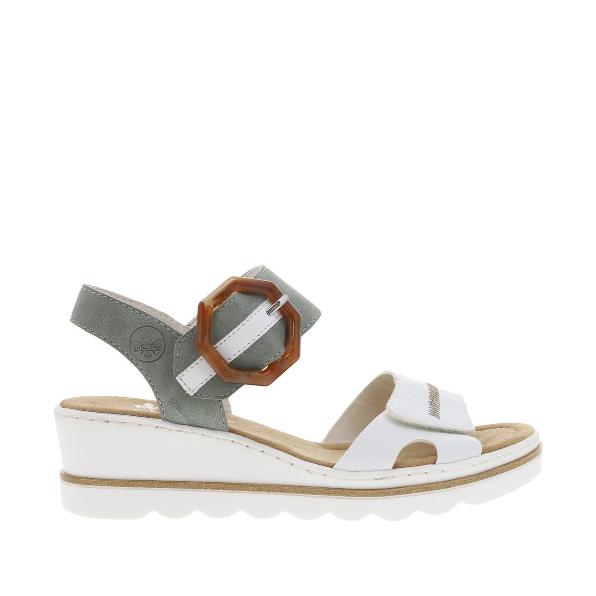 Sandales kaki à semelle blanche compensée et à bandes auto-agrippantes blanches, RIEKER