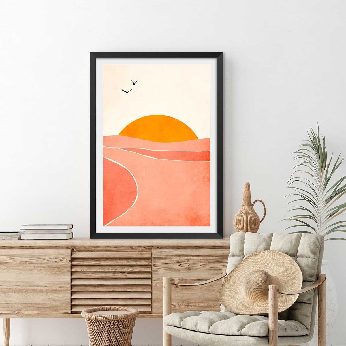 Affiche graphique danse avec le soleil affiche + cadre en bois - noir, HEXOA