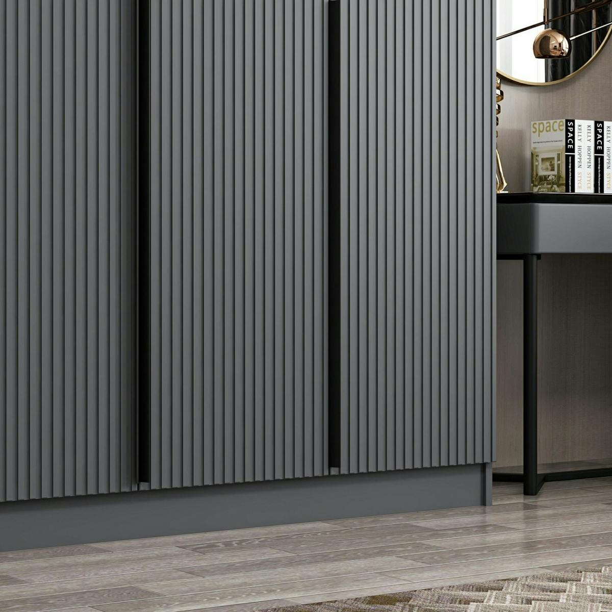 Dressing 6 portes grises rainurées 3 penderies BYRON anthracite, PIER IMPORT
