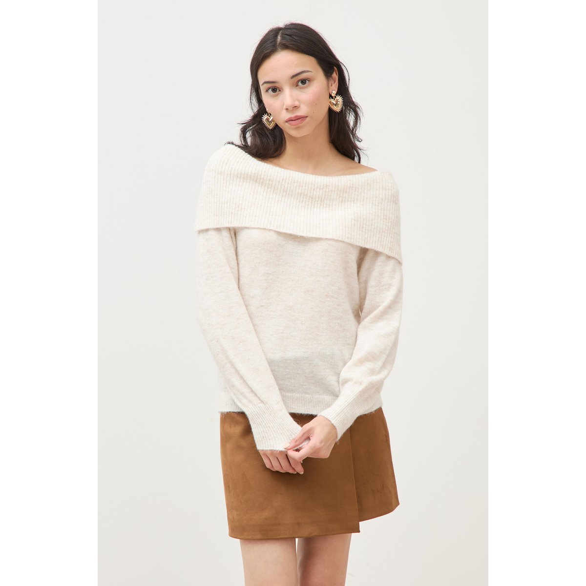 Pull droit manches longues bardot ecru, BONOBO