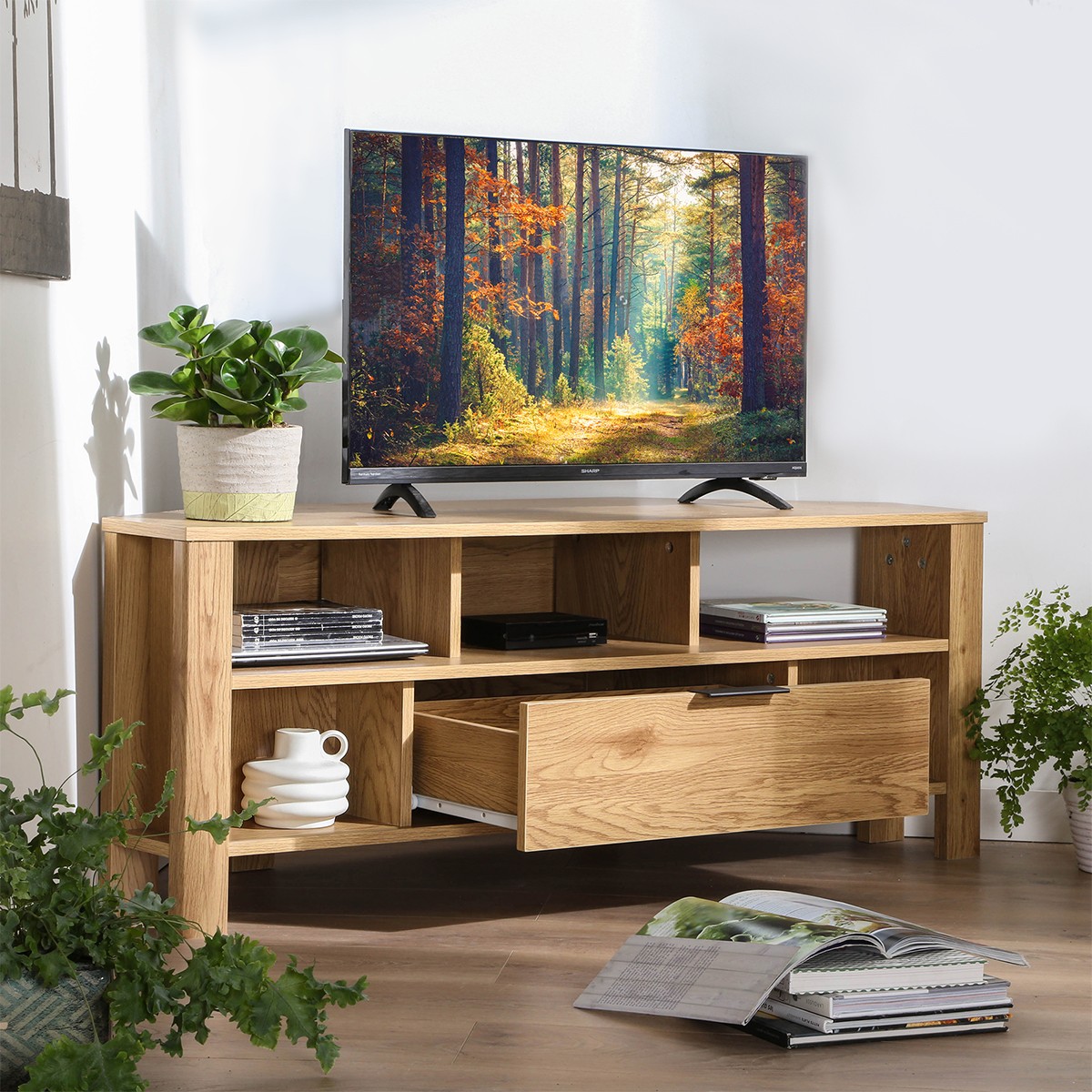Meuble TV d'Angle 1 Tiroir Décor Chêne - L120 cm chêne, CALICOSY
