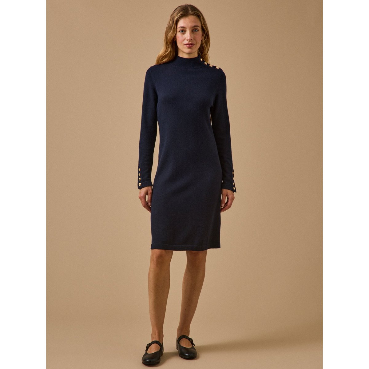 Robe-pull col montant boutons dorés encre, CYRILLUS