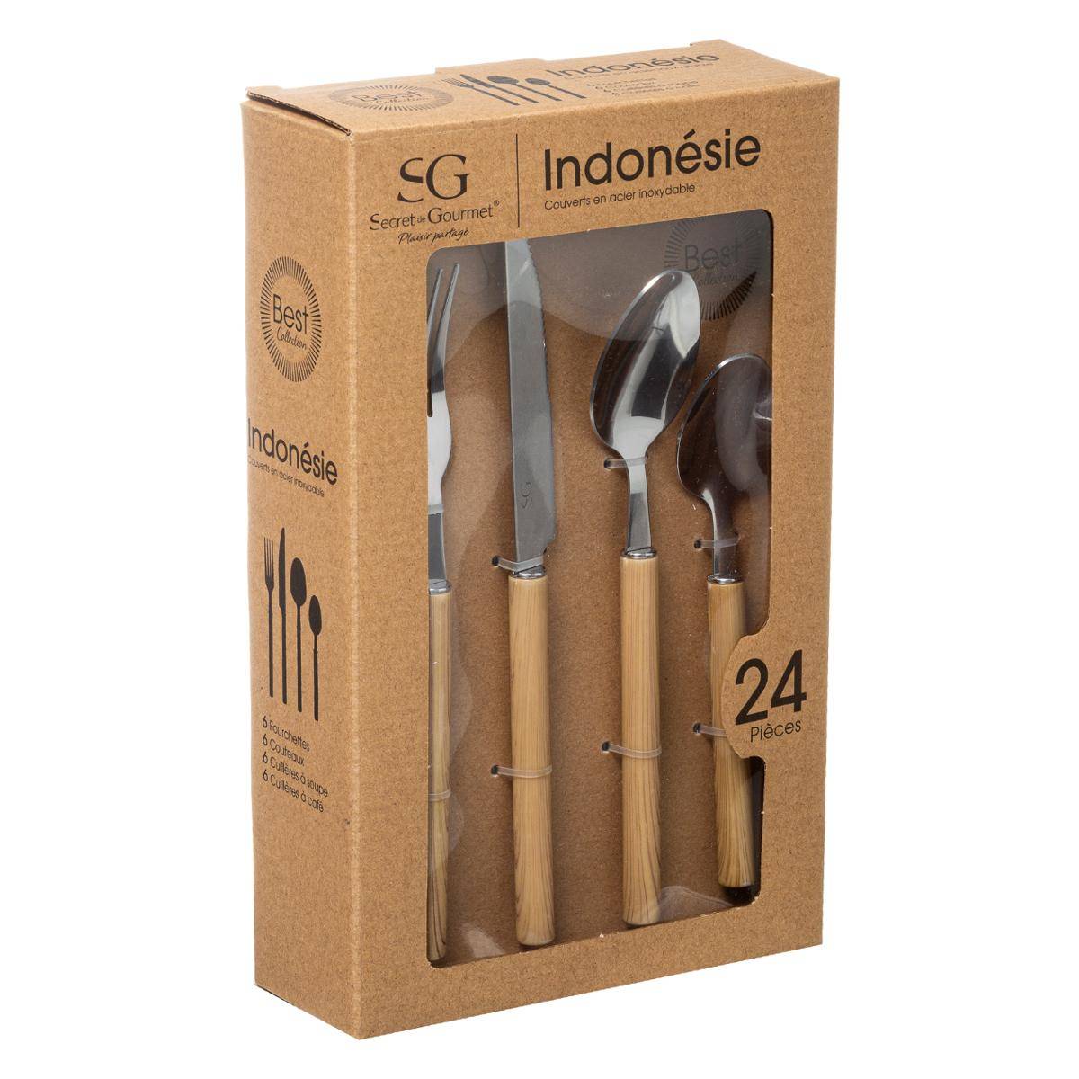 Ménagère 24 pièces en acier inoxydable et manches effet bois INDONESIE taupe, SECRET DE GOURMET