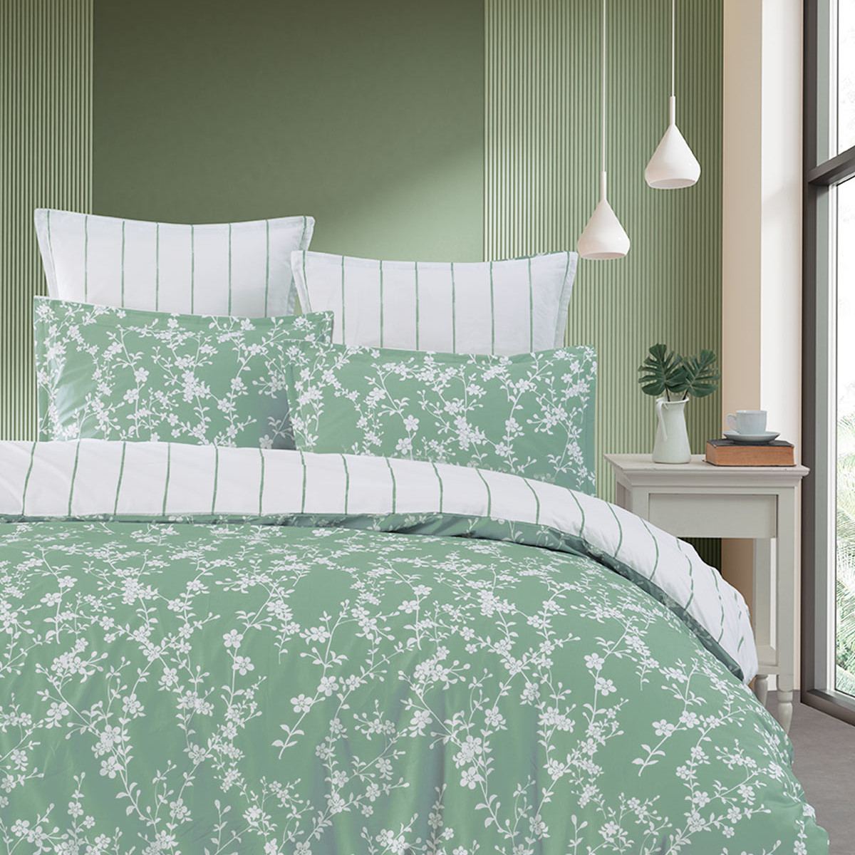 Drap housse en percale de coton bonnet 30 cm MAYA lichen, SENSEI MAISON