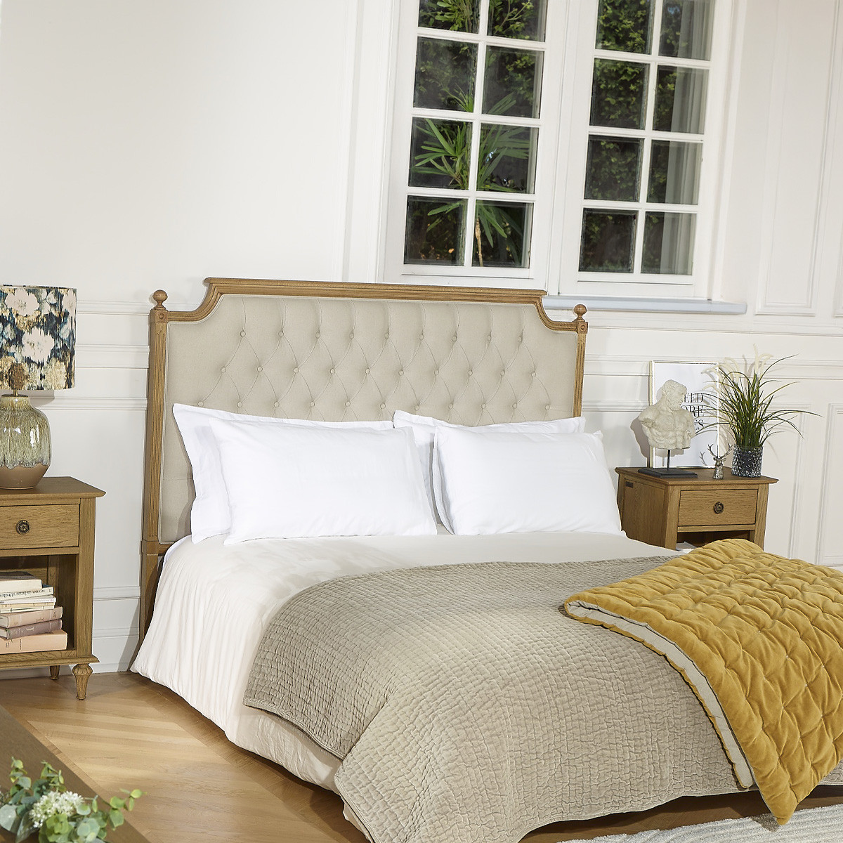 Tête de lit 160 cm style shabby chic en chêne et lin VENICE ficelle, ROBIN DES BOIS
