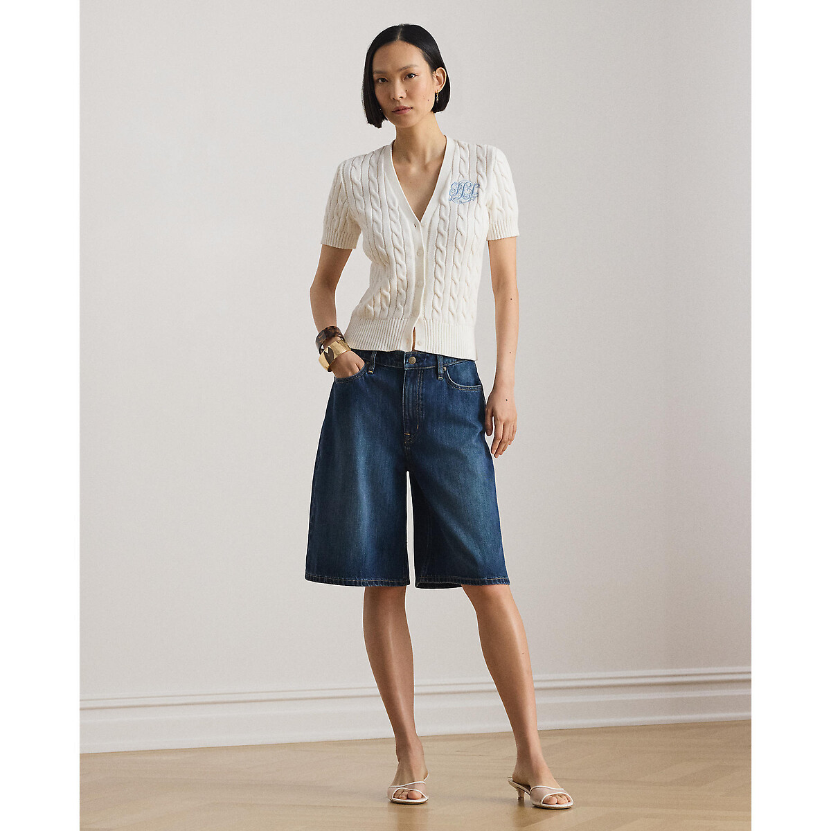 Cotton Cable Knit V-Neck Short Sleeve Cardigan white, LAUREN RALPH LAUREN