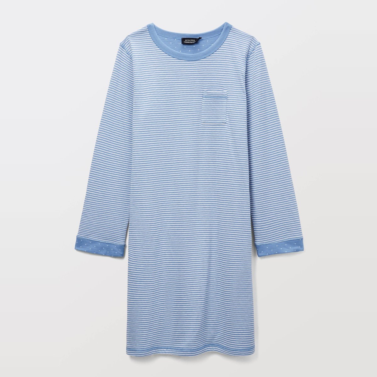Chemise de nuit à pois et rayures en coton double face BIO blue denim, MONOPRIX