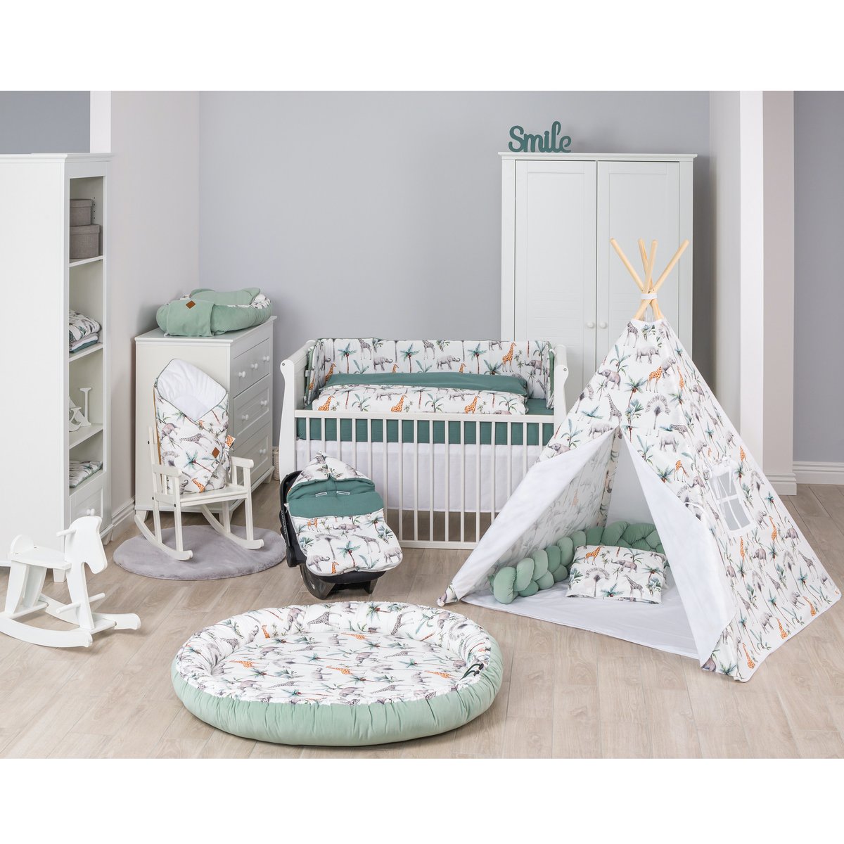 Cocon nid bébé matelassé réducteur de lit SAFARI safari, vert, gris, blanc, SEVIRA KIDS