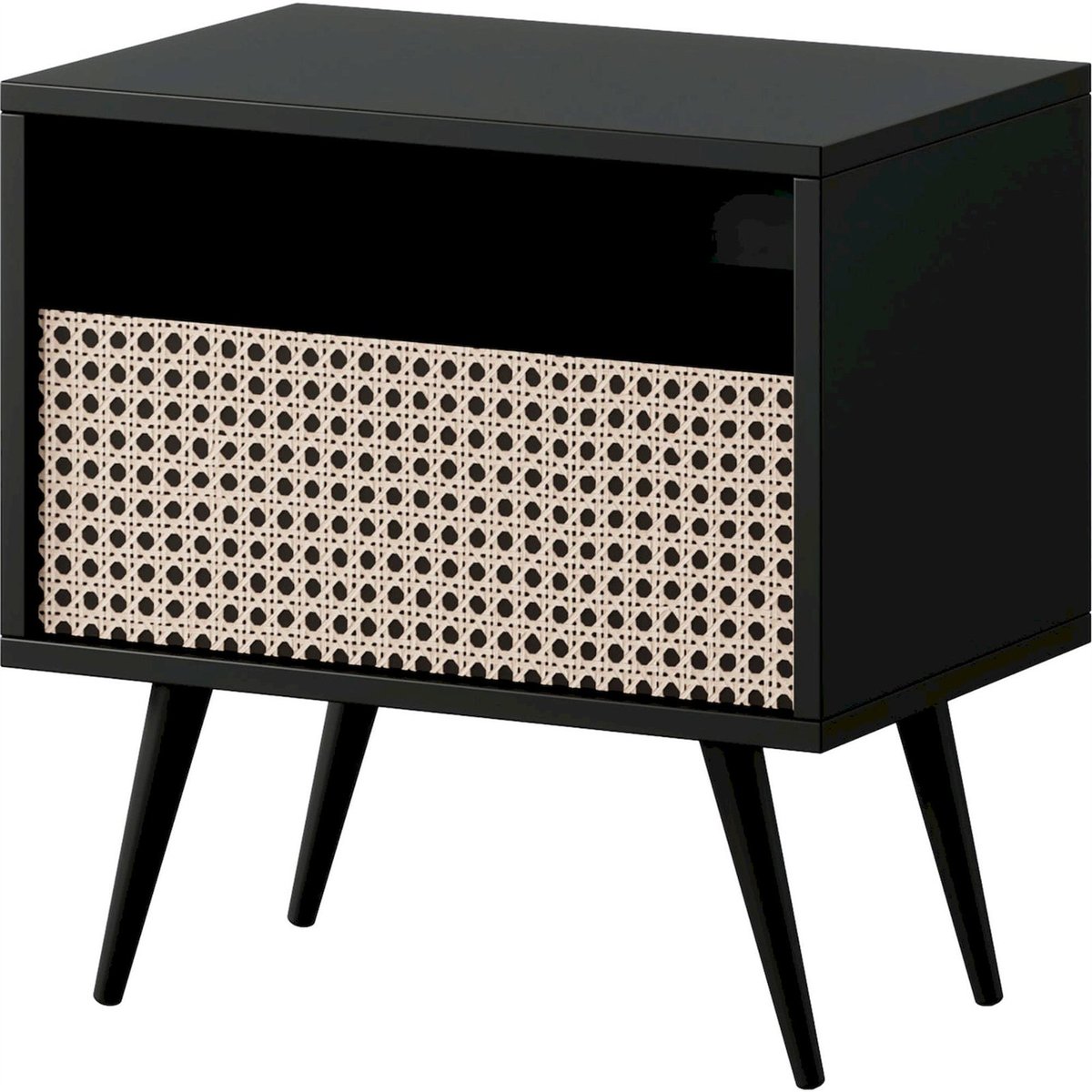 Table de chevet cannage collection BELLO noir avec décor cannage beige, RECOLLECTION