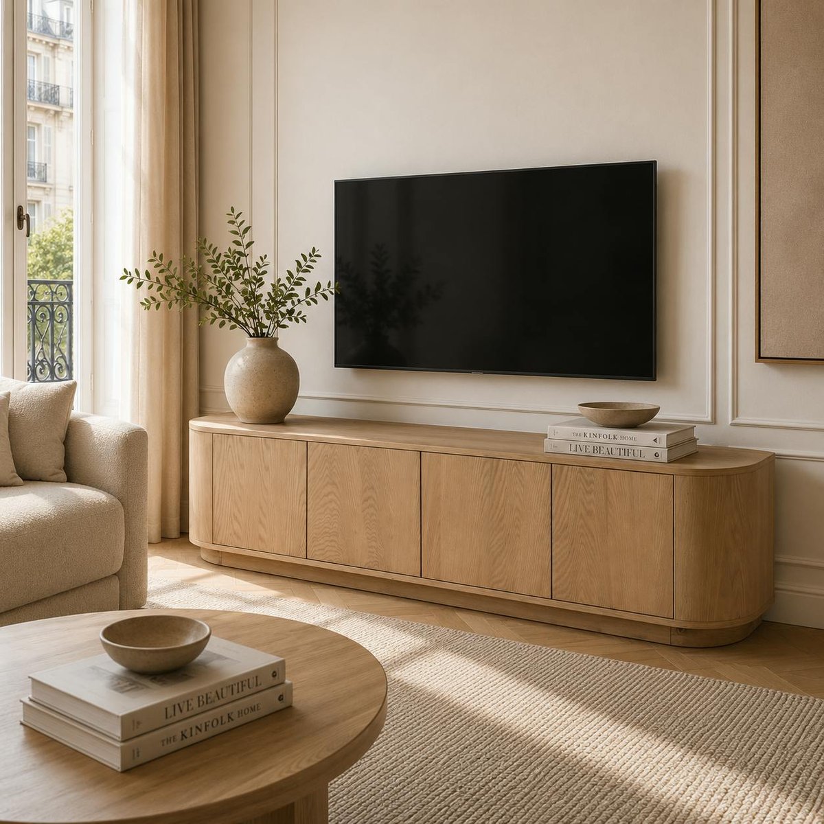 Meuble TV design en chêne, 4 portes LOREN bois clair, PIER IMPORT