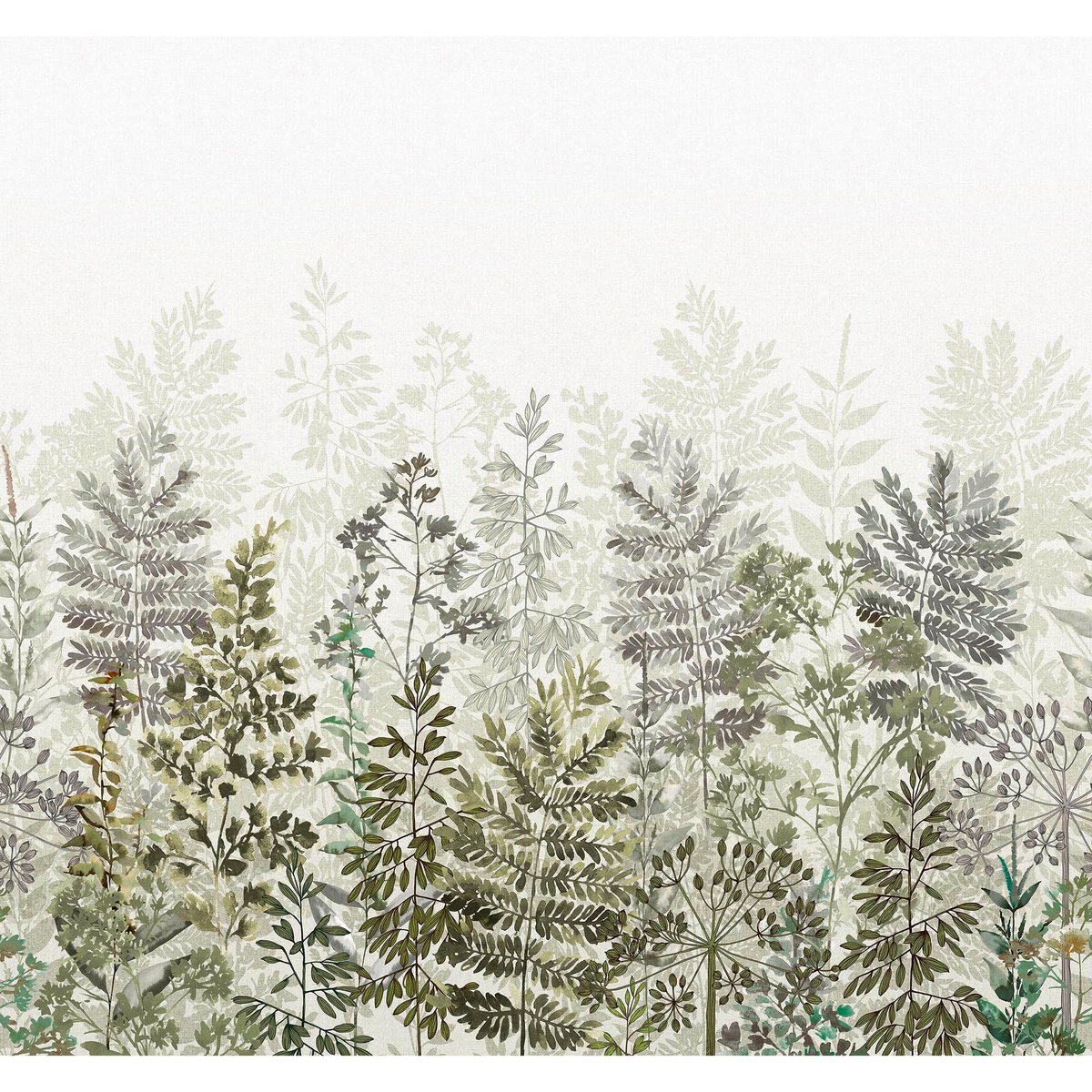Papier peint panoramique Feuilles de fougère et buissons vert, blanc cassé, SUPERFRESCO EASY