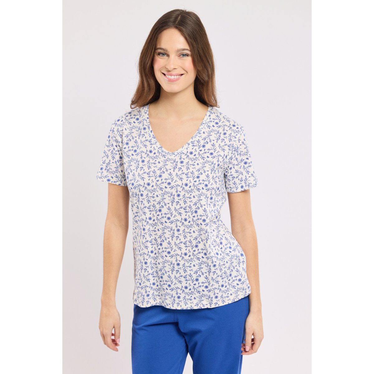 Pyjama corsaire fleuri - coton milk/paquerettes mazarine, ARMOR-LUX