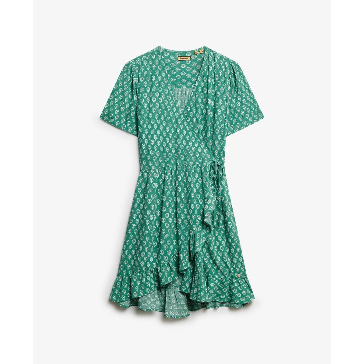 Robe portefeuille courte imprimée à manches courtes vert block floral, SUPERDRY