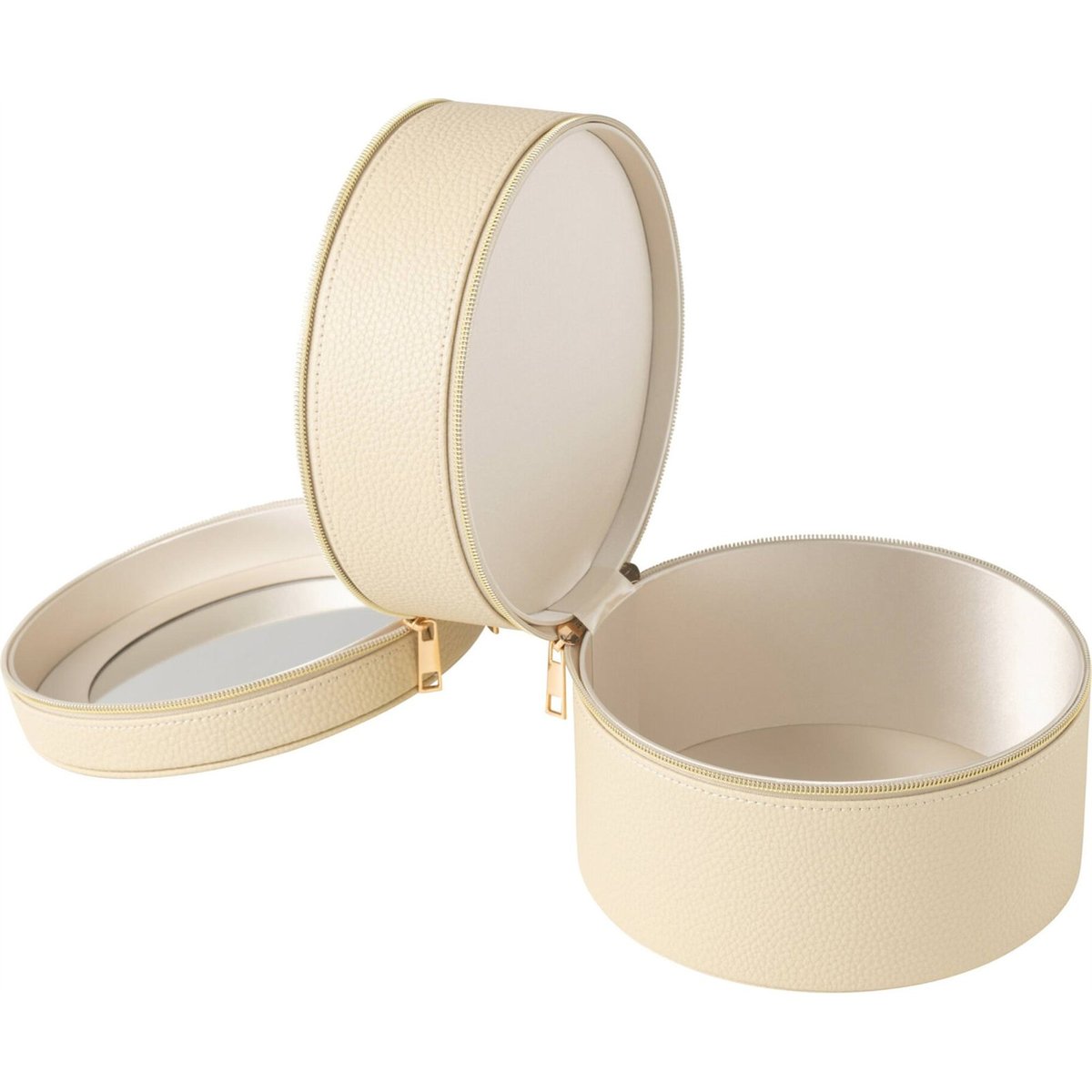 Boîte à cosmétiques ronde avec miroir beige avec détails dorés, RECOLLECTION