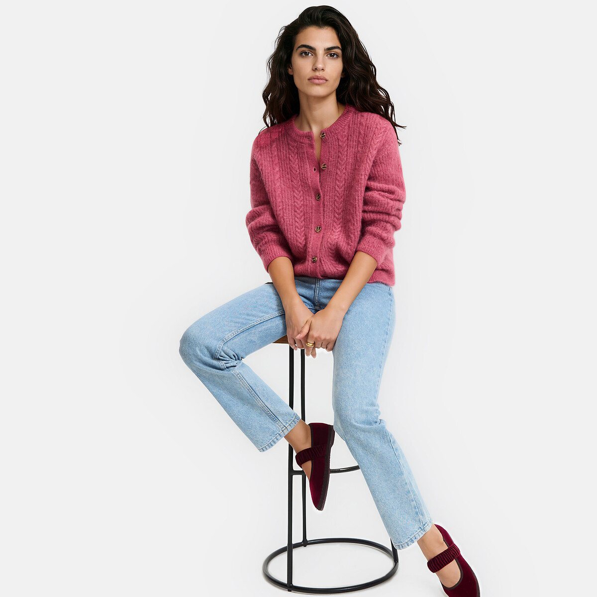 Cardigan col rond, torsadé, en alpaga mélangé rose, LA REDOUTE COLLECTIONS
