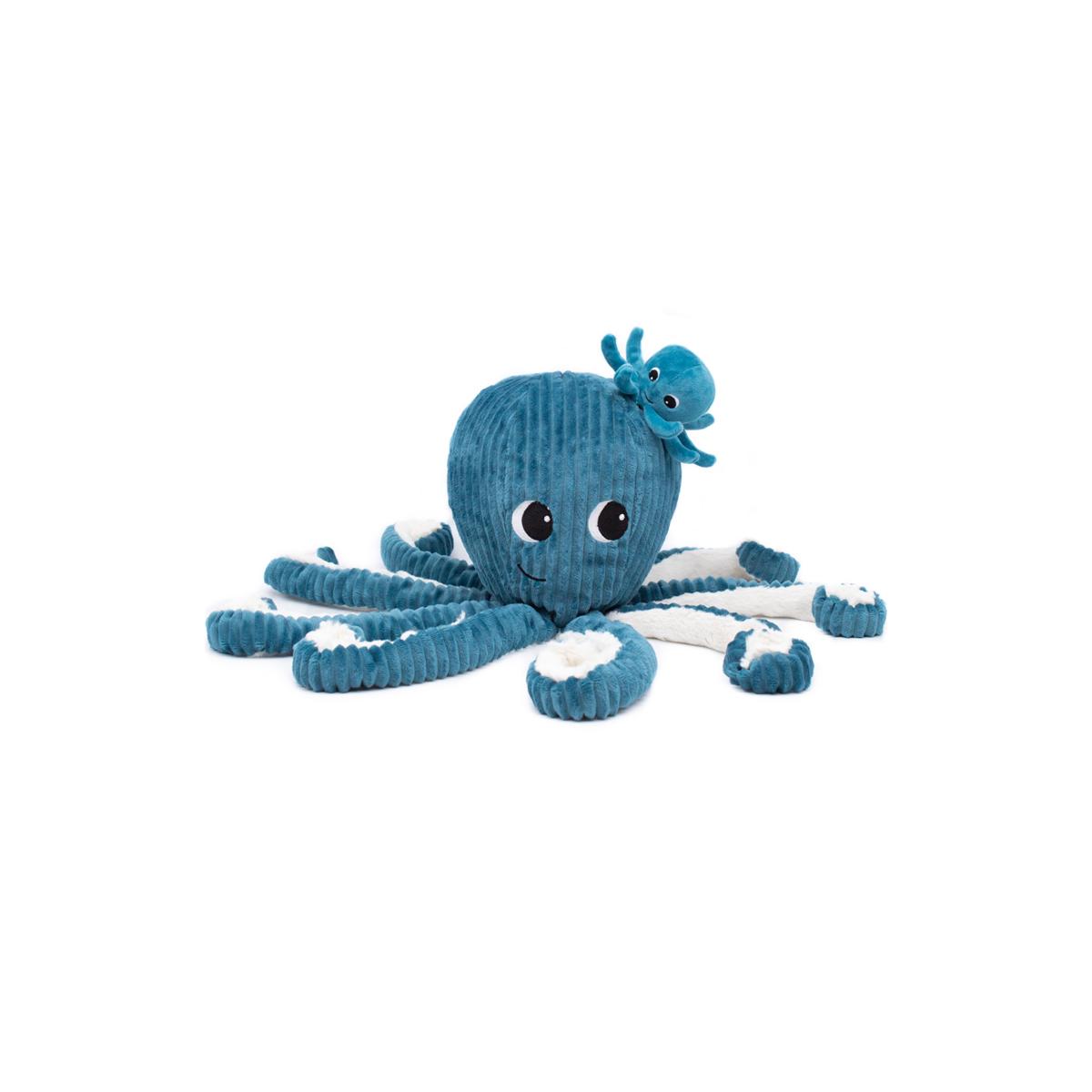 Peluche Filou la pieuvre maman et bébé bleu, blanc, LES DEGLINGOS