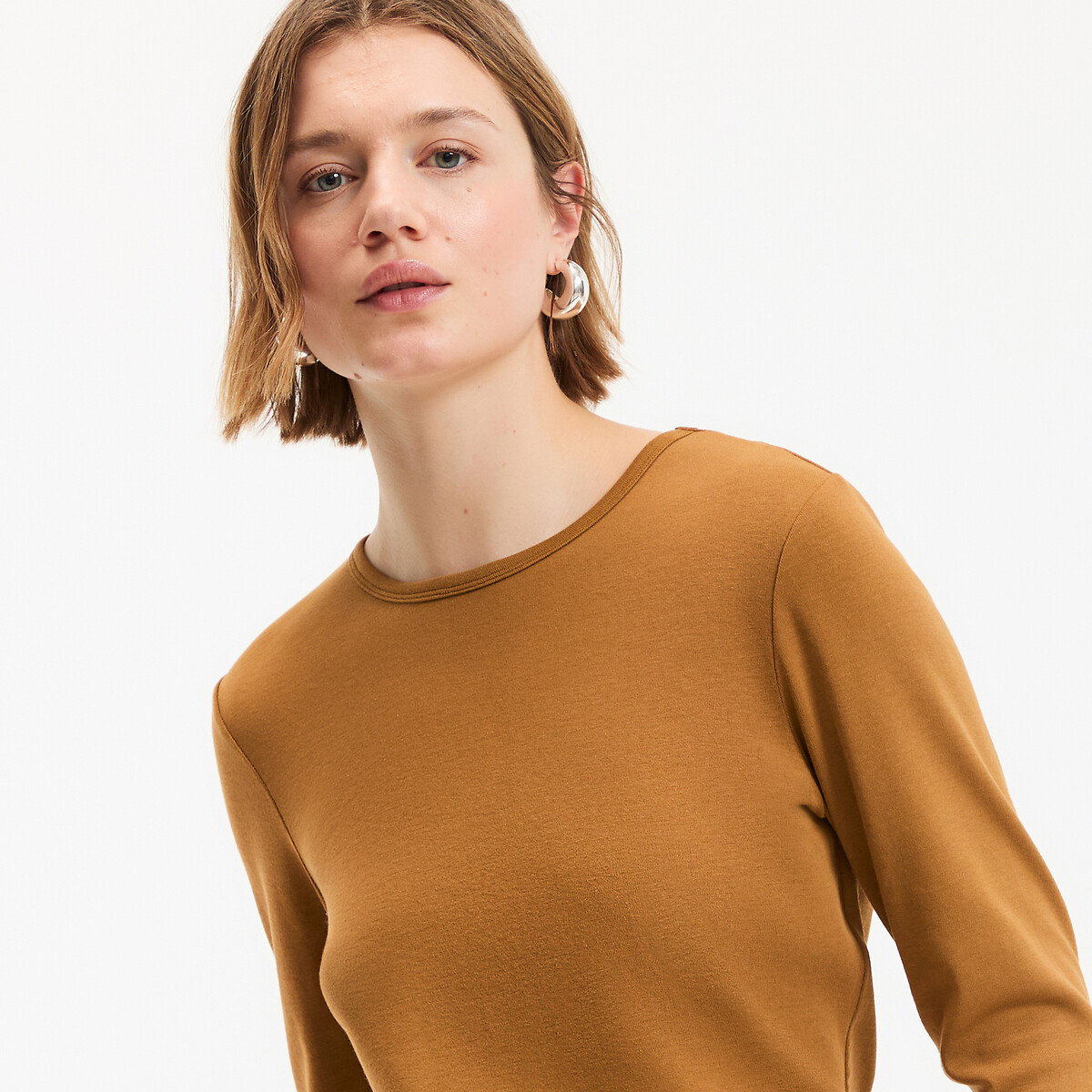 T-shirt fluide, col rond, manches longues marron noisette, LA REDOUTE COLLECTIONS