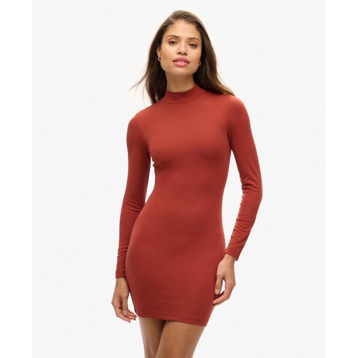 Robe courte en jersey à col cheminée rouge argile, SUPERDRY