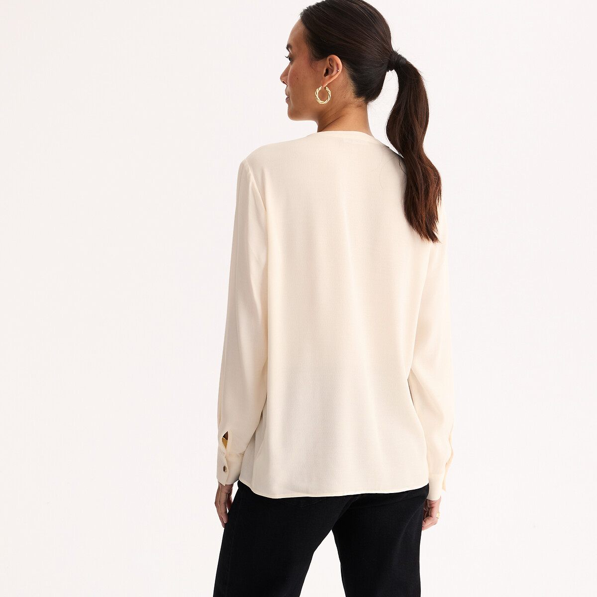 Blouse col V à volants manches longues ecru, ANNE WEYBURN