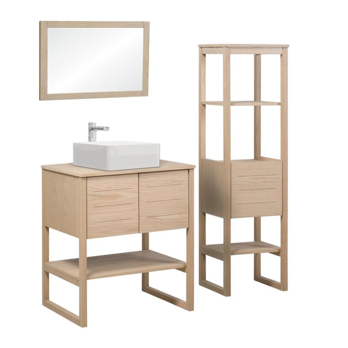 Meuble 70cm chêne colonne vasque carrée robinet miroir ATOLL v002233, MOB IN