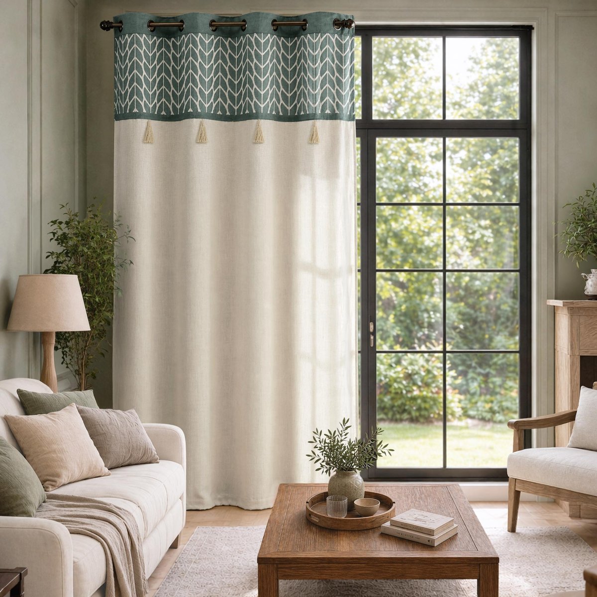 Rideau tamisant à œillets en polycoton jacquard avec pompons vert, DOUCEUR D'INTÉRIEUR